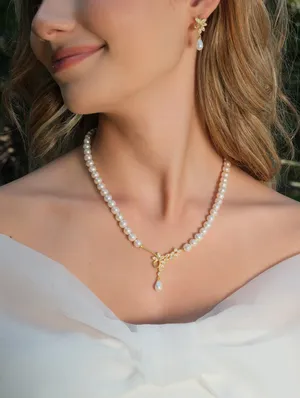 Gümüş ve Altın Kaplama Gerçek Doğal İnci Kolye Ve Küpe